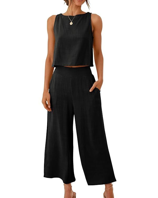 ANRABESS Women's Summer 2 Piece Outfits Sleeveless Tank Crop Button Back Top Capri Wide Leg Pants... | Amazon (US)