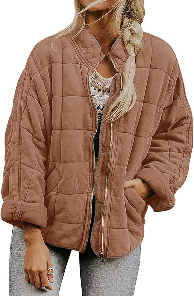 Quilted Jackets for Women Zip Up Long Sleeve Jacket Coat Loose Fit Puffer Jackets Winter Warm Out... | Amazon (US)