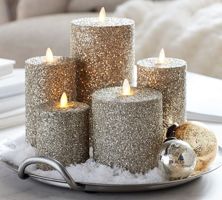 Premium Flicker Flameless German Glitter Pillar Candle - Silver | Pottery Barn (US)