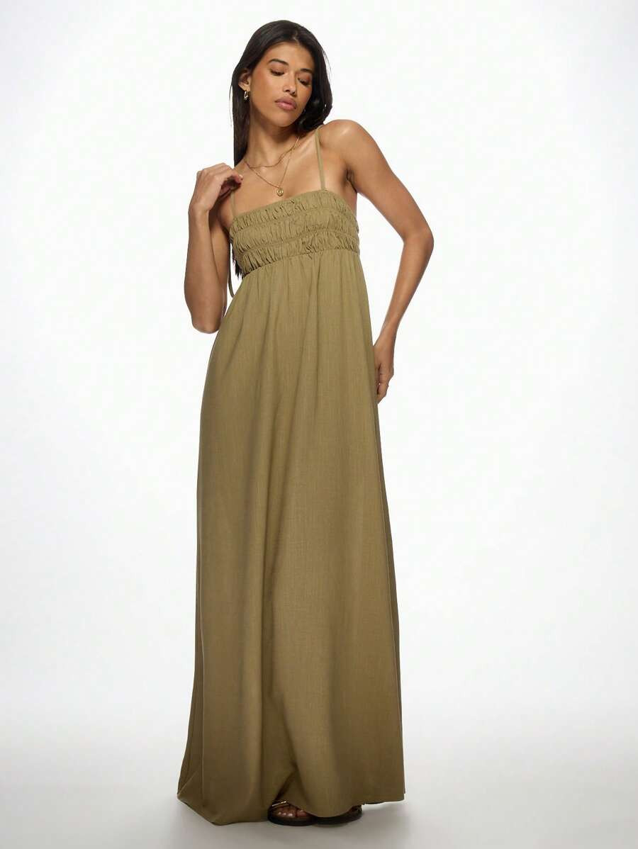 MISSGUIDED Linen Shirred Bust Detail Tie Knot Detail Maxi Dress | SHEIN