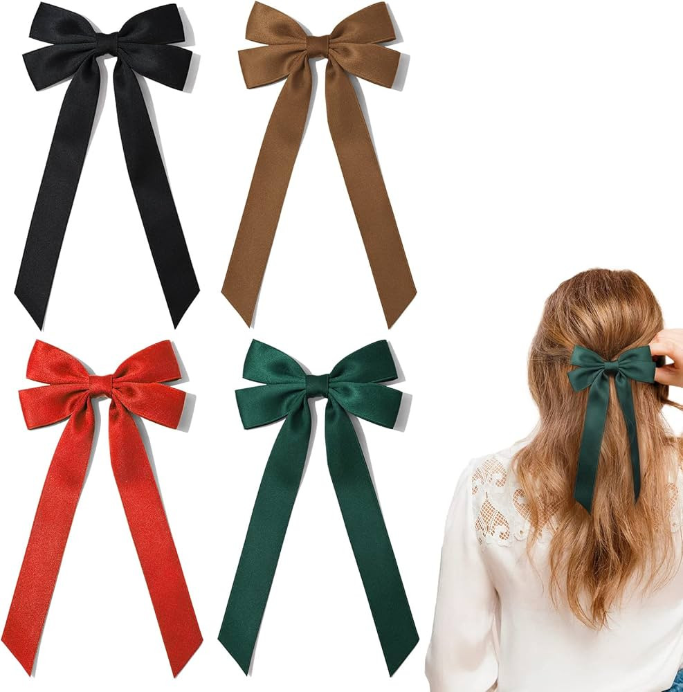 4PCS Silky Satin Hair Bows Hair Clip Black Red Hair Ribbon Clips for Women Ponytail Holder Hair A... | Amazon (US)