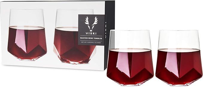 Viski Raye Faceted Crystal Wine Glasses Set of 2, No-Lead Premium Crystal Clear Glass, Modern Ste... | Amazon (US)