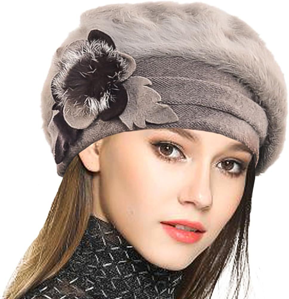 VECRY Lady French Beret 100% Wool Beret Floral Dress Beanie Winter Hat | Amazon (US)