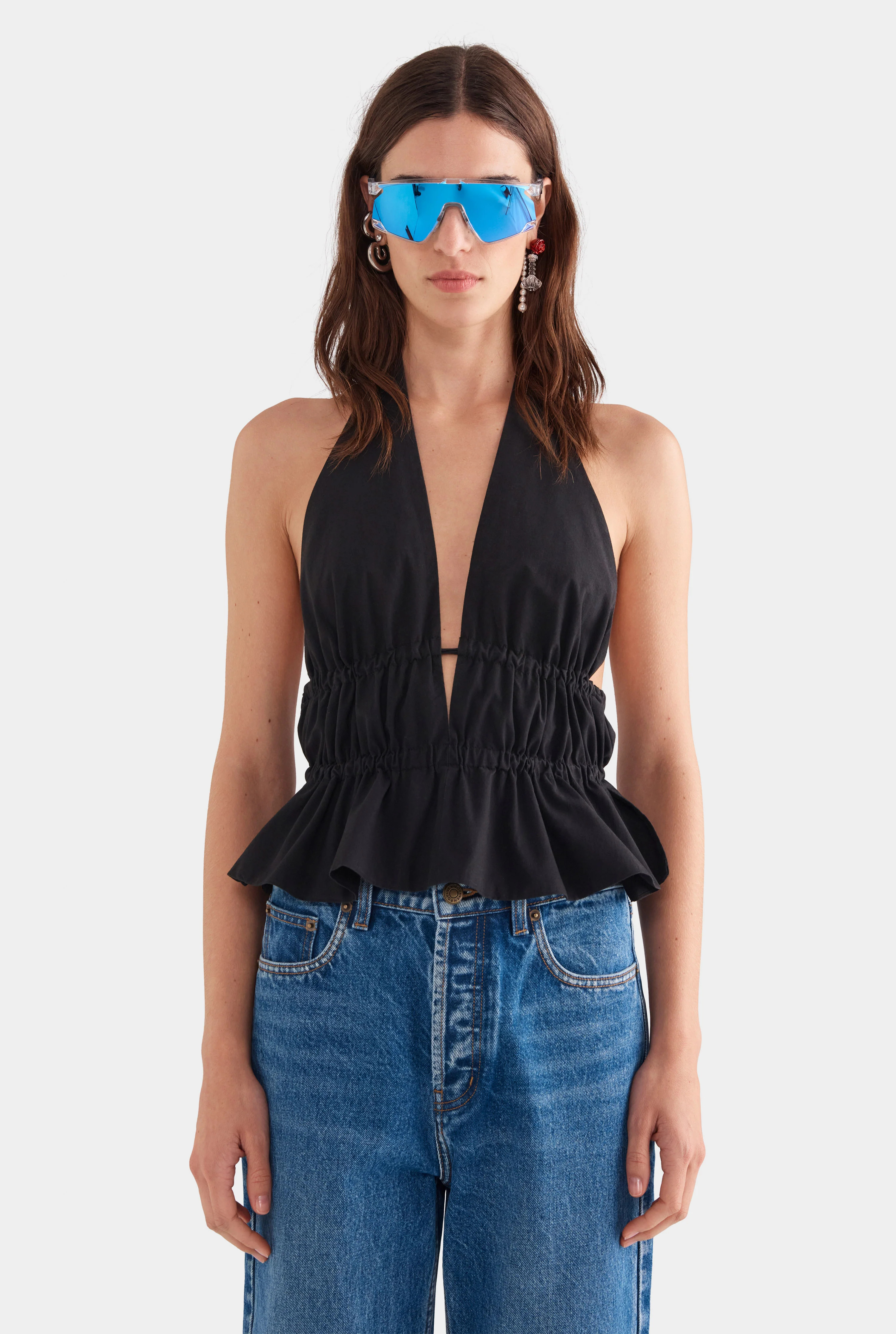 Womens Cotton Poplin Halter Top in Black | Venroy | Venroy AU