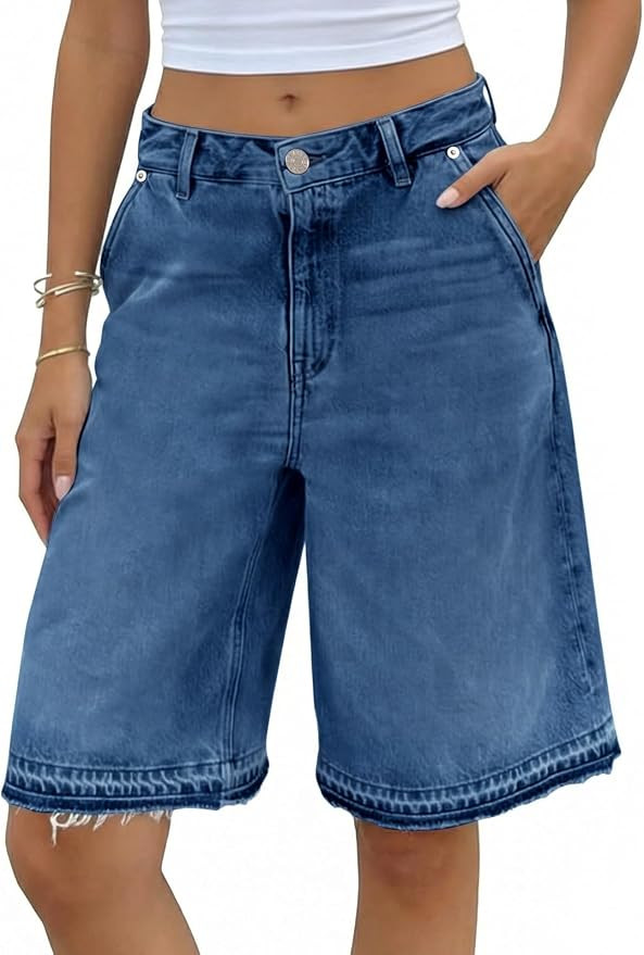 Tankaneo Women Baggy Bermuda Jean Shorts High Waisted Wide Leg Raw Hem Denim Shorts Summer Casual... | Amazon (US)