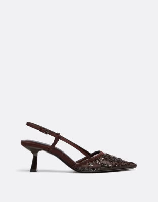 Stradivarius Mesh rhinestone kitten heel shoes in brown | ASOS (Global)