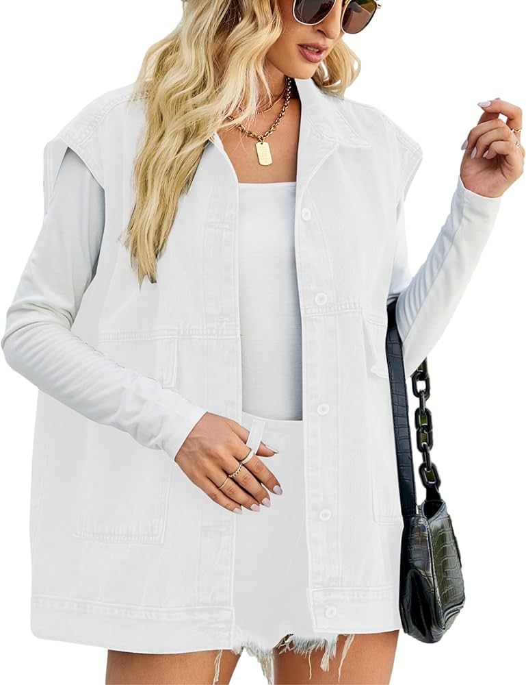 Womens Oversized Sleeveless Jean Denim Jacket Button Down Vest Top for Women Summer Waistcoat Jea... | Amazon (US)