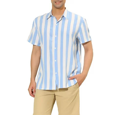 Unique Bargains Men's Short Sleeved Color Block Button Down Beach Stripe Shirt M Light Blue | Walmart (US)
