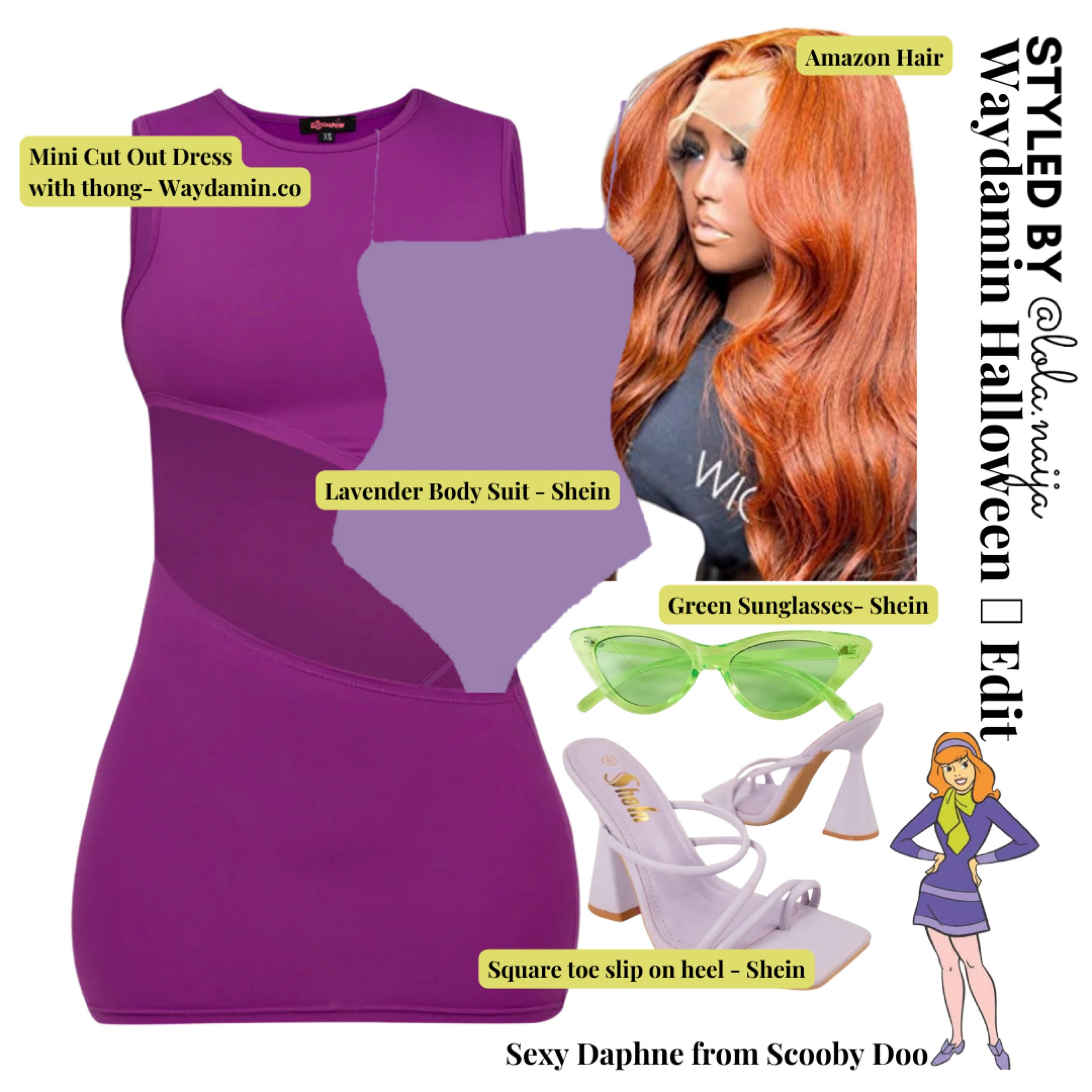 Halloween edit #3 as Daphne from Scooby doo. Featuring Waydamin.co mini cut out dress. Shein bodysuit, green sunglasses, and lavender square toe heels. 

#LTKSeasonal