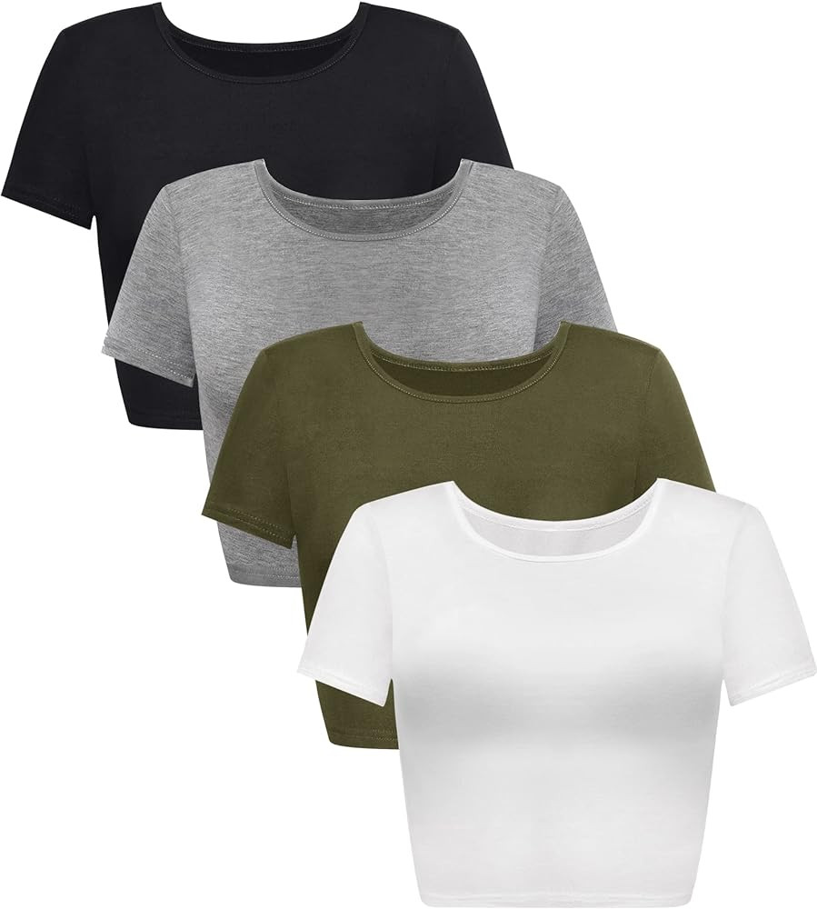 4 Pack Women's Basic Tight Short Sleeve Women Cute Trendy Crop Tops Scoop Neck Crop for Women or ... | Amazon (US)