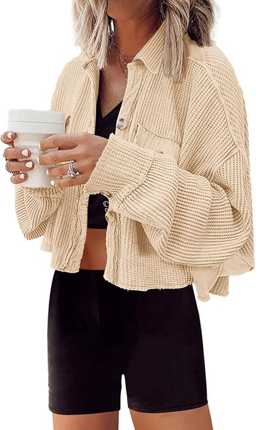 Panadila Women's Cropped Waffle Knit Shacket Short Button Down Jacket Batwing Sleeve Shirts with ... | Amazon (US)