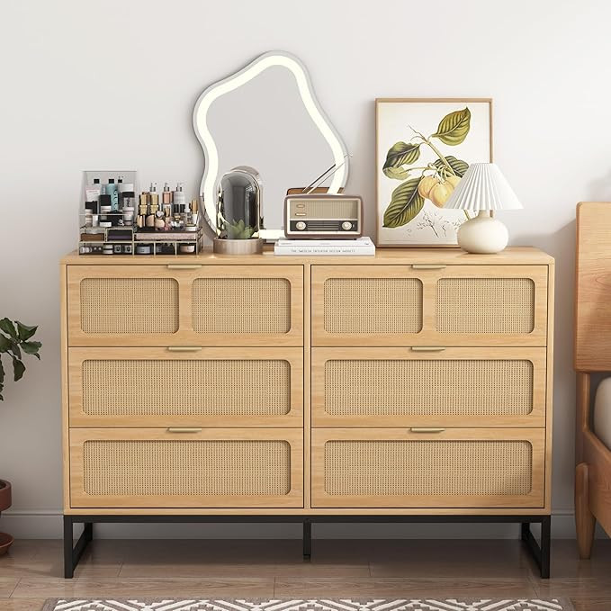 6 Drawer Rattan Dresser Modern Dresser with Rattan Drawers Farmhouse Wood Storage Chest of Drawer... | Amazon (US)