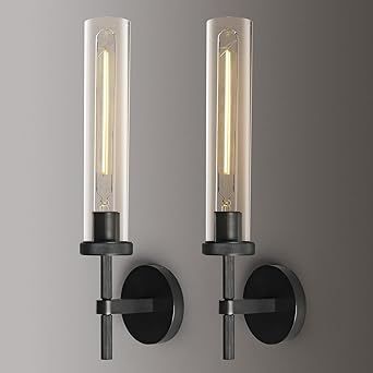 Black Wall Sconces Set of Two, 19" Knurling Wall Sconce Cylinder Sconces Wall Lighting, Tube Glas... | Amazon (US)