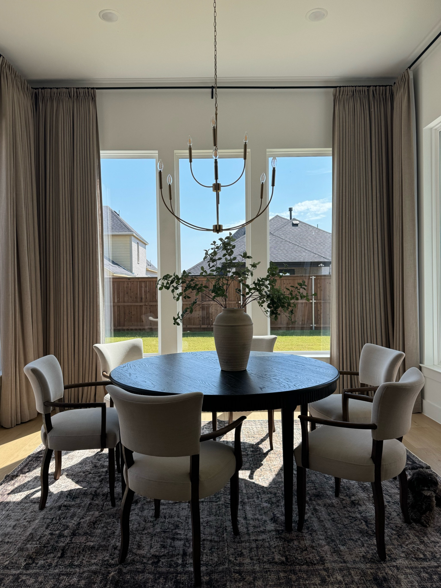 Curtains details:
Liz Linen
Grey beige 
Privacy lining 
Memory trained 

Dining room | dining room ideas | dining room table | black dining room table | round dining room tablee

#LTKHome