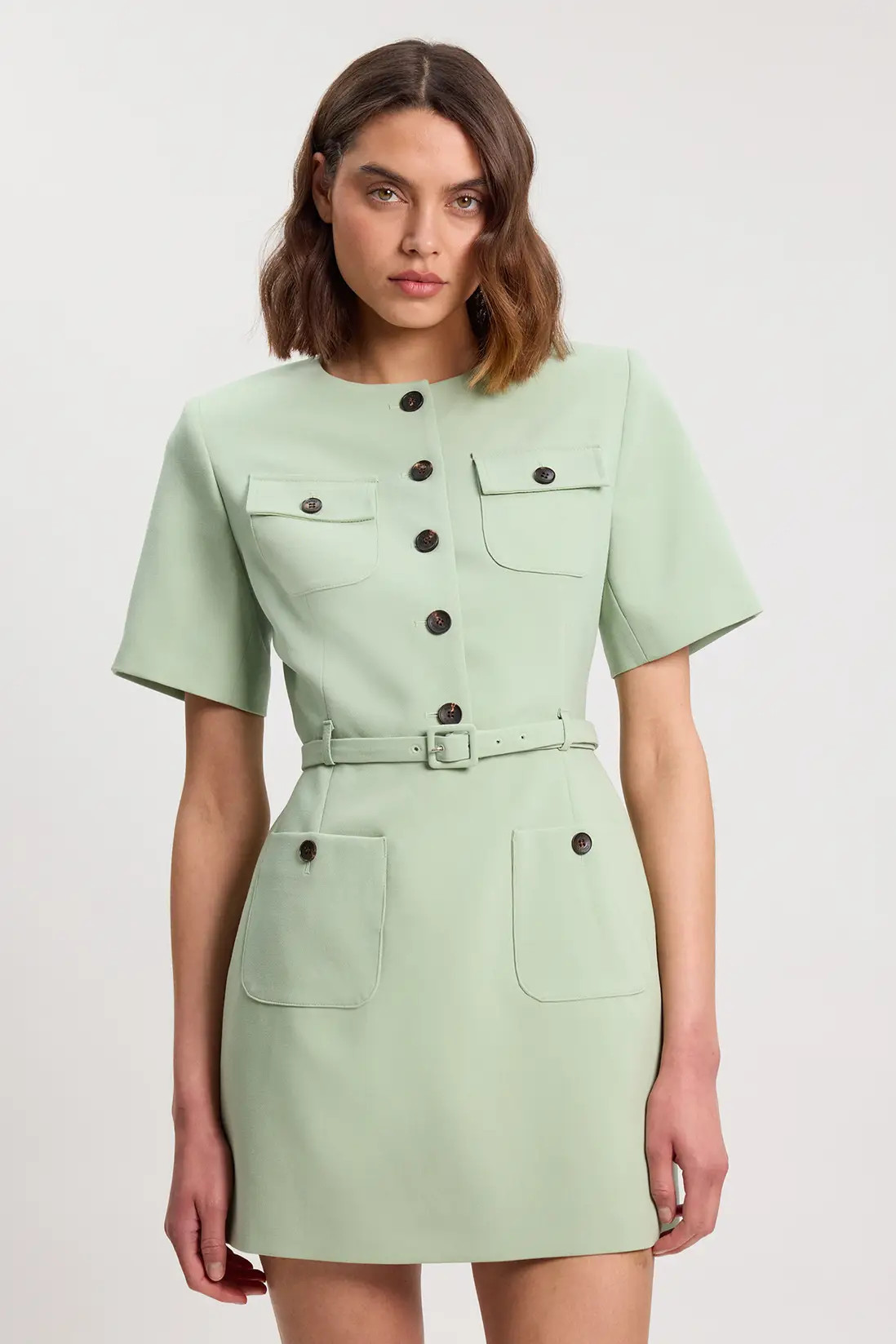 Compact Stretch Button Detail Mini Dress | Karen Millen
