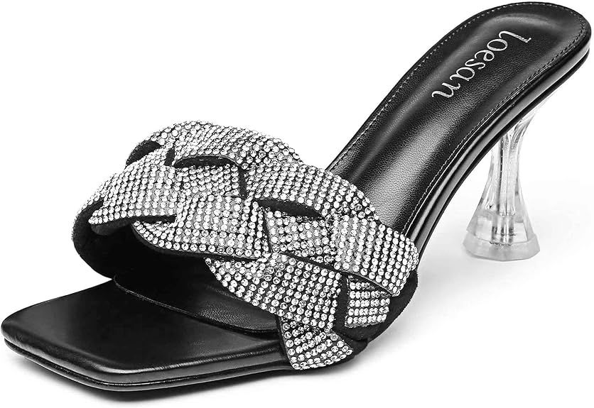 Women's Rhinestone Braided Heels Sandals Open Square Toe Stilettos Heels Clear Lucite Heeled Mule... | Amazon (US)
