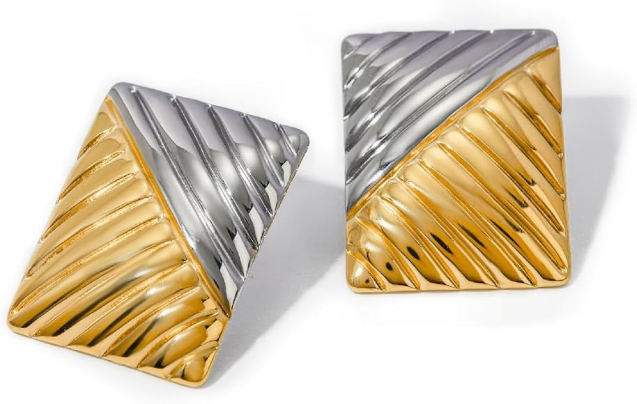 18K Gold Plated Stainless Steel Two-Tone Square Textured Earrings Hypoallergenic Fashion Jewelry | Amazon (US)
