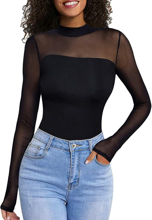 Women's See Through Mesh Tops - Long Sleeve Mock Neck Sheer Tee Top Casual Club Party T Shirts | Amazon (US)