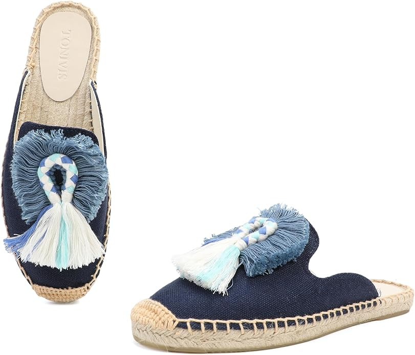 Women's Mule Flat Shoes with Tassel & Pompom, Espadrilles Slides Backless Slipper Slip on Shoes | Amazon (US)