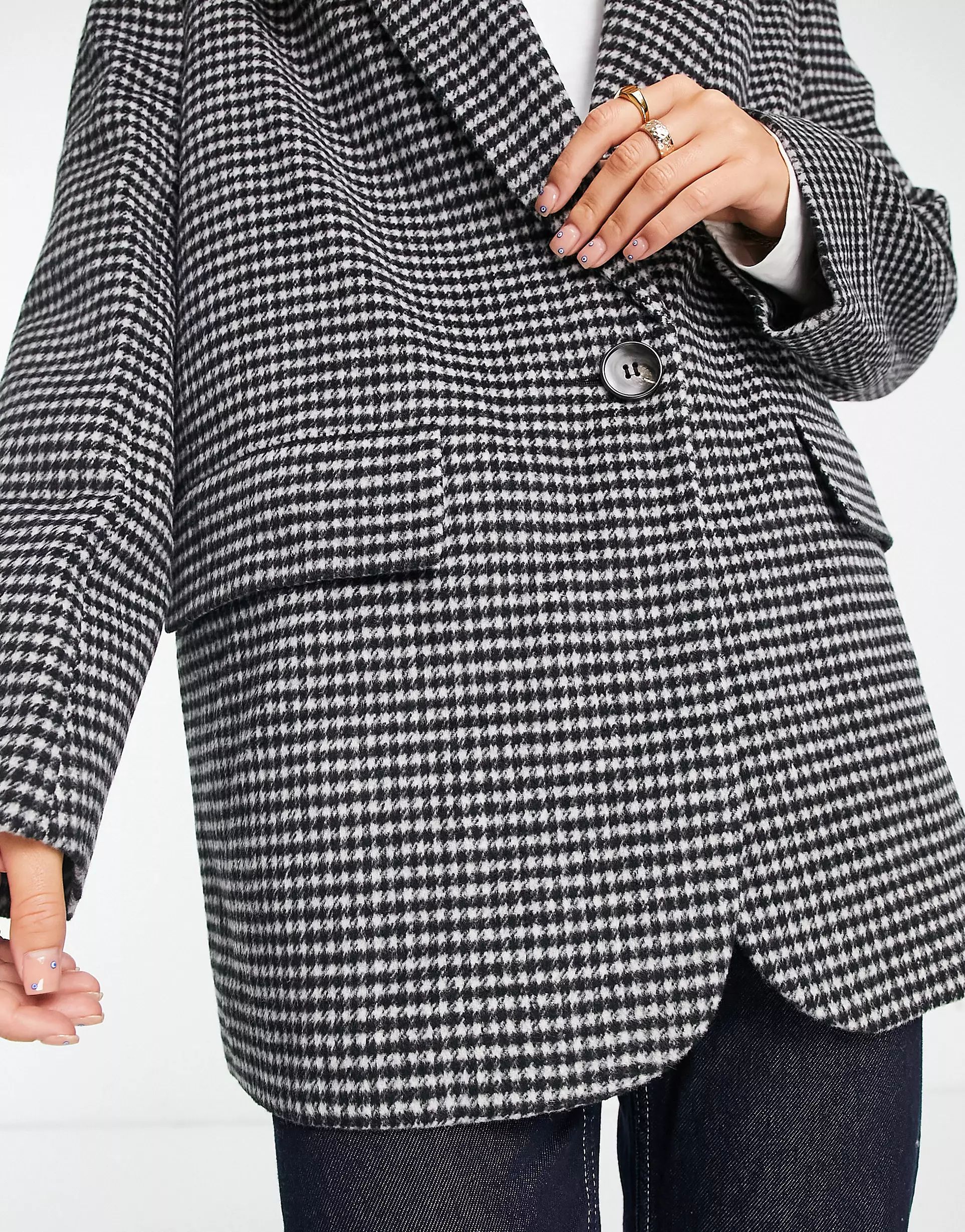 ASOS DESIGN brushed houndstooth grandad wool mix jacket in black & white | ASOS (Global)