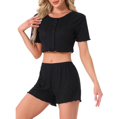 INSPIRE CHIC Women's Knit Loungewear Crop Tops with Shorts Button Down 2 Pcs Pajama Sets Black X-Small | Target