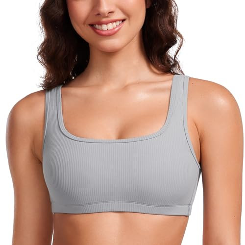 CRZ YOGA Ribbed Sports Bras for Women - Square Neck Wireless Padded Bra Low Coverage Yoga Crop Top Rhino Grey Large | Amazon (US)