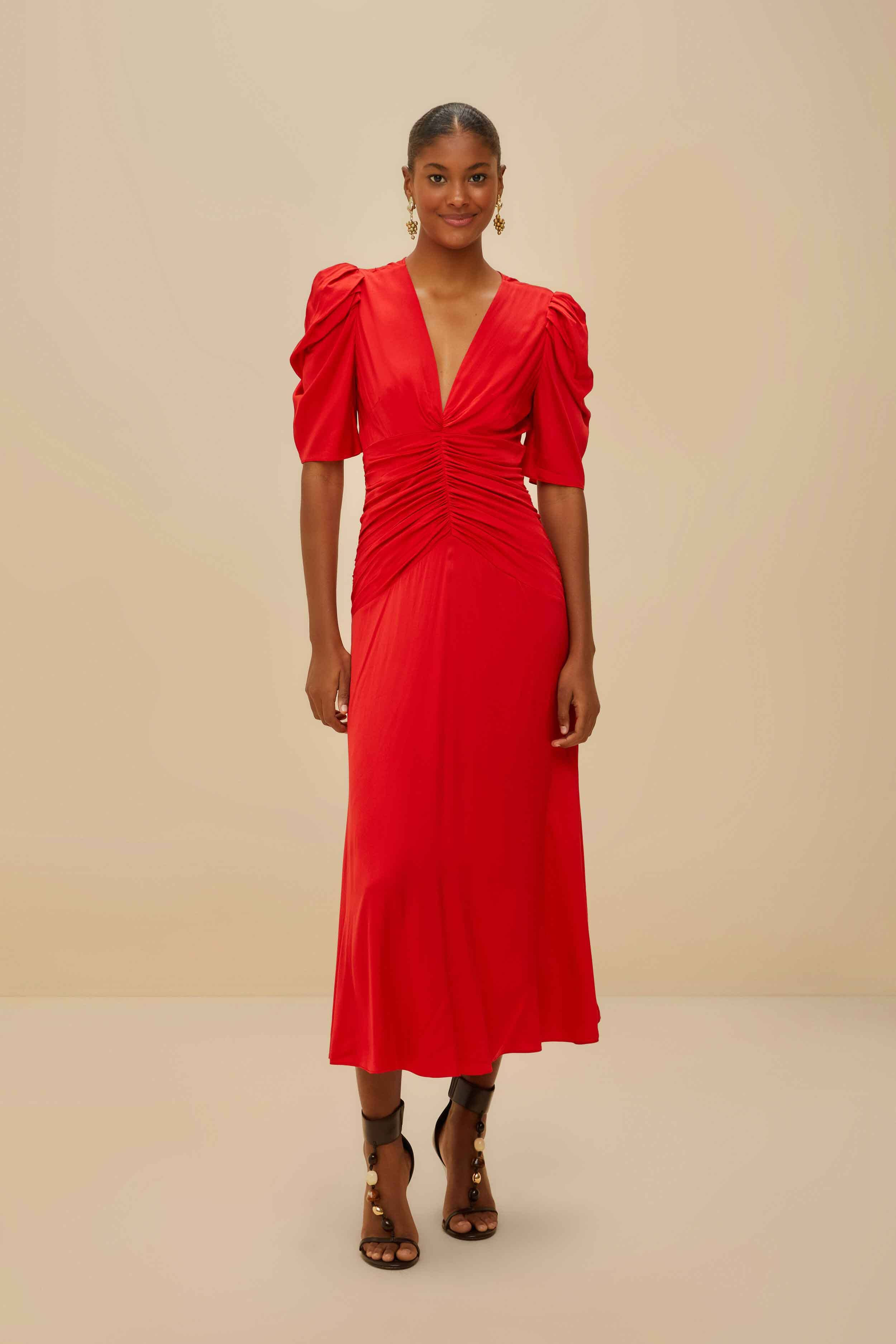 Red Gathered Midi Dress | FarmRio (US)