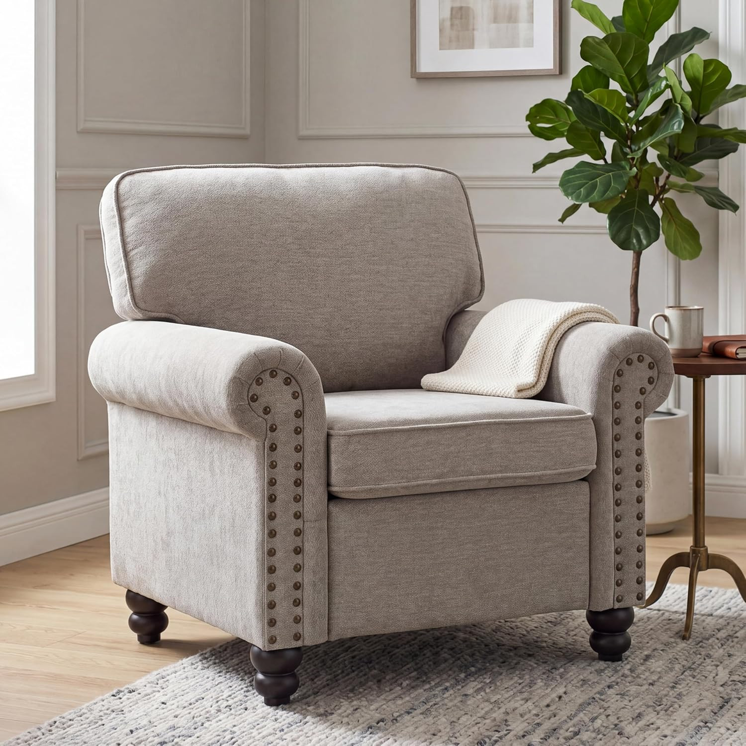37" Rolled Arms Chair, Nailhead Armchair for Living Room, Single Sofa Chair Reading Chair w/Springs Seat Cushion & Wooden Leg, Mid-Century Accent Chair for Small Space, Farmhouse, Grey Beige | Amazon (US)