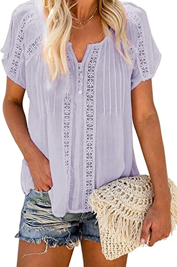 GIGILAUGH Women's Lace Crochet Tops Casual V Neck Summer Blouses Shirt | Amazon (US)