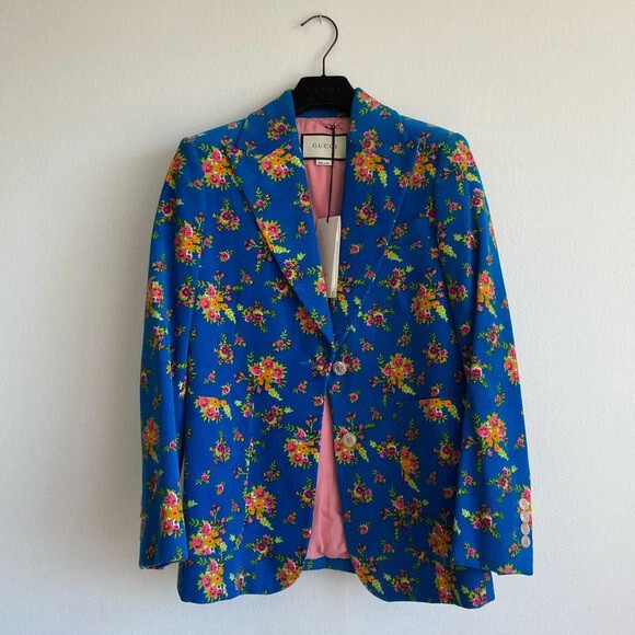 NEW GUCCI Single-breasted floral-print corduroy sz 40 bright blue flower  | eBay | eBay US