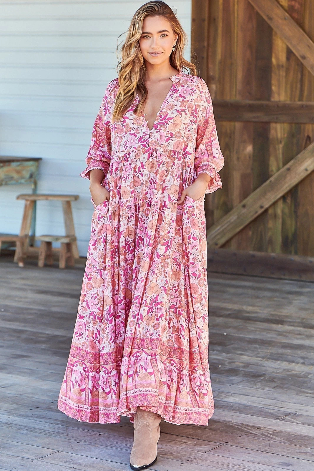 JAASE - Tillie Maxi Dress - Relaxed Style with V Neckline Dress in Leena Print | eBay AU