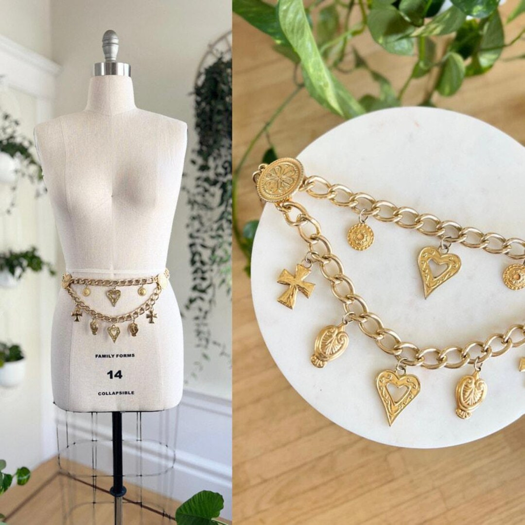 Vintage 1980s Chain Belt 80s Novelty Charms Gold Tone Metal Two Layer Multi Chain Belt X-small/sm... | Etsy (US)