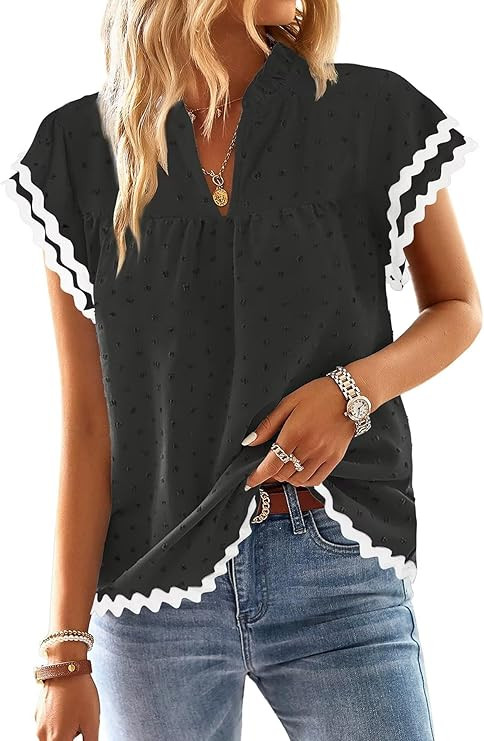 Falechay Womens Tops Summer Short Ruffle Sleeve V Neck Blouses Cute Boho Swiss Dot Lace Shirts Ca... | Amazon (US)