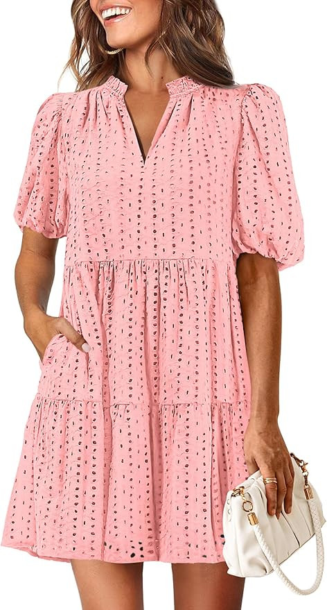 KIRUNDO Eyelet Summer Dresses for Women Mini Casual Hollow Out Short Sleeve Lace Tiered V Neck Sh... | Amazon (US)