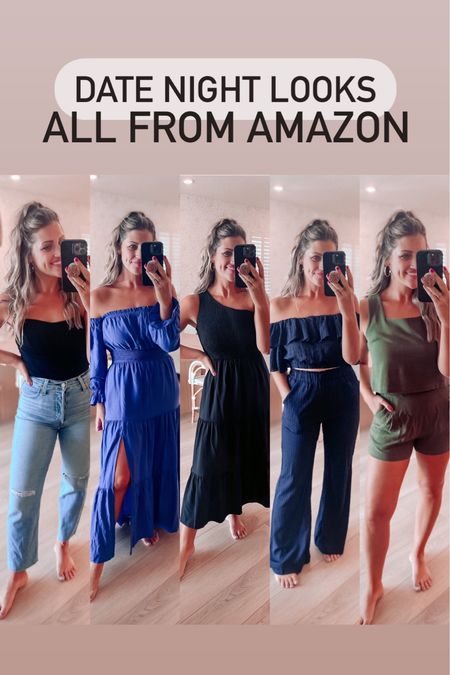 Date night looks from amazon!!! Love and recommend all of these for your next date night, girls trip, or vacation! SIZING: small corset (wish I had a M But oh well.. runs a bit small), size 25 jeans, size S black maxi (true to size & really flowy - if you’re  in between sizes go down!), size M navy set (pants run small if you have a booty like me because there’s no stretch!), size S green linen set (I think this runs kinda small) // ***I also linked accessories I may use to style each look too!! 

#LTKunder50 #LTKstyletip #LTKFind