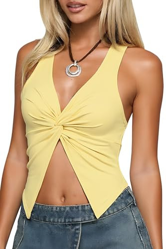 Yellow Halter Top Women Backless Tank Top Sleeveless Asymmetrical Twist Front Tops Y2k Trendy M | Amazon (US)