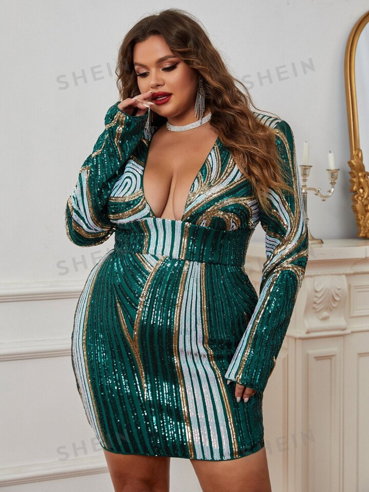 Plus Plunging Neck Sequins Bodycon Dress | SHEIN