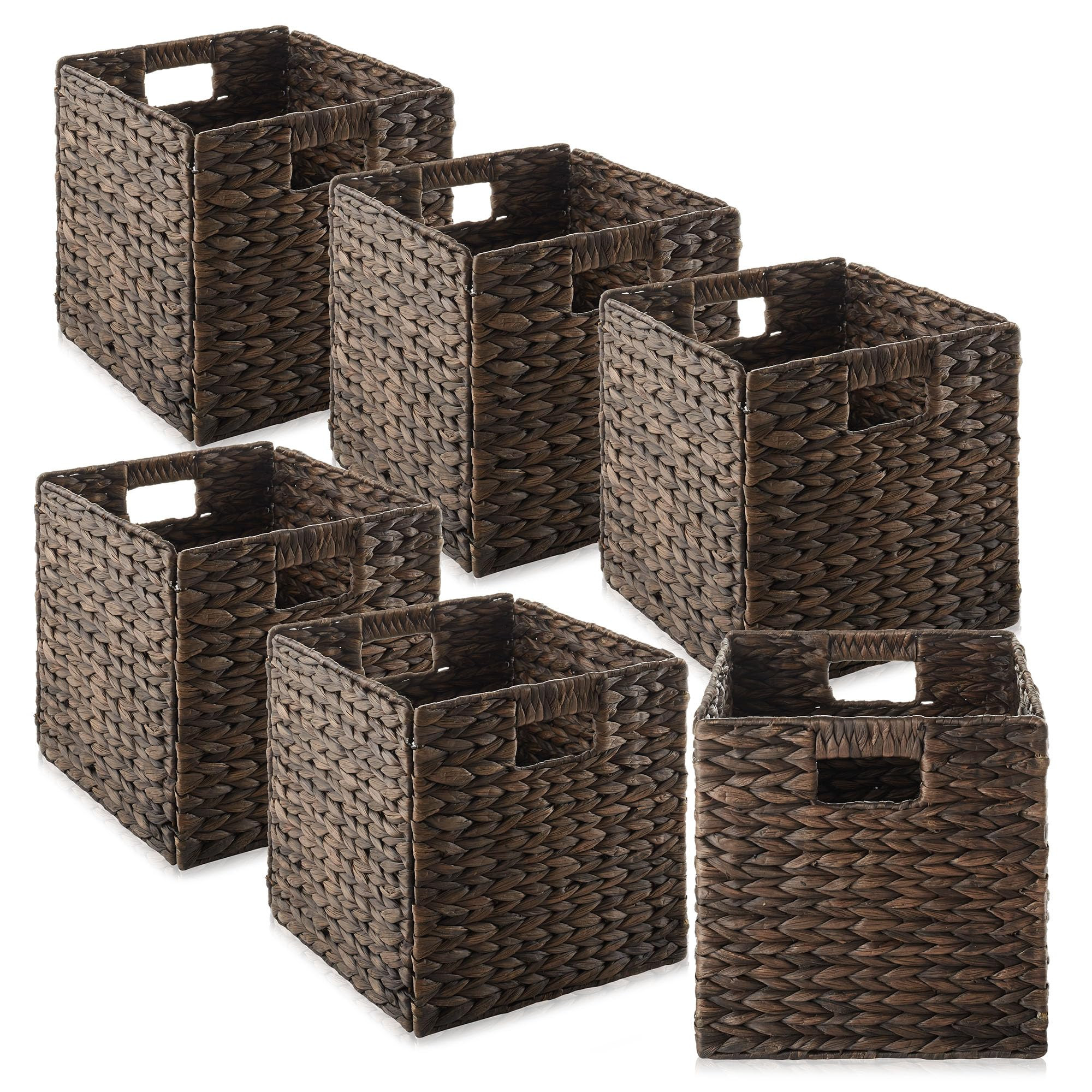 Casafield 10.5" x 10.5" Water Hyacinth Storage Baskets, Espresso - Set of 6 Collapsible Cube Orga... | Amazon (US)