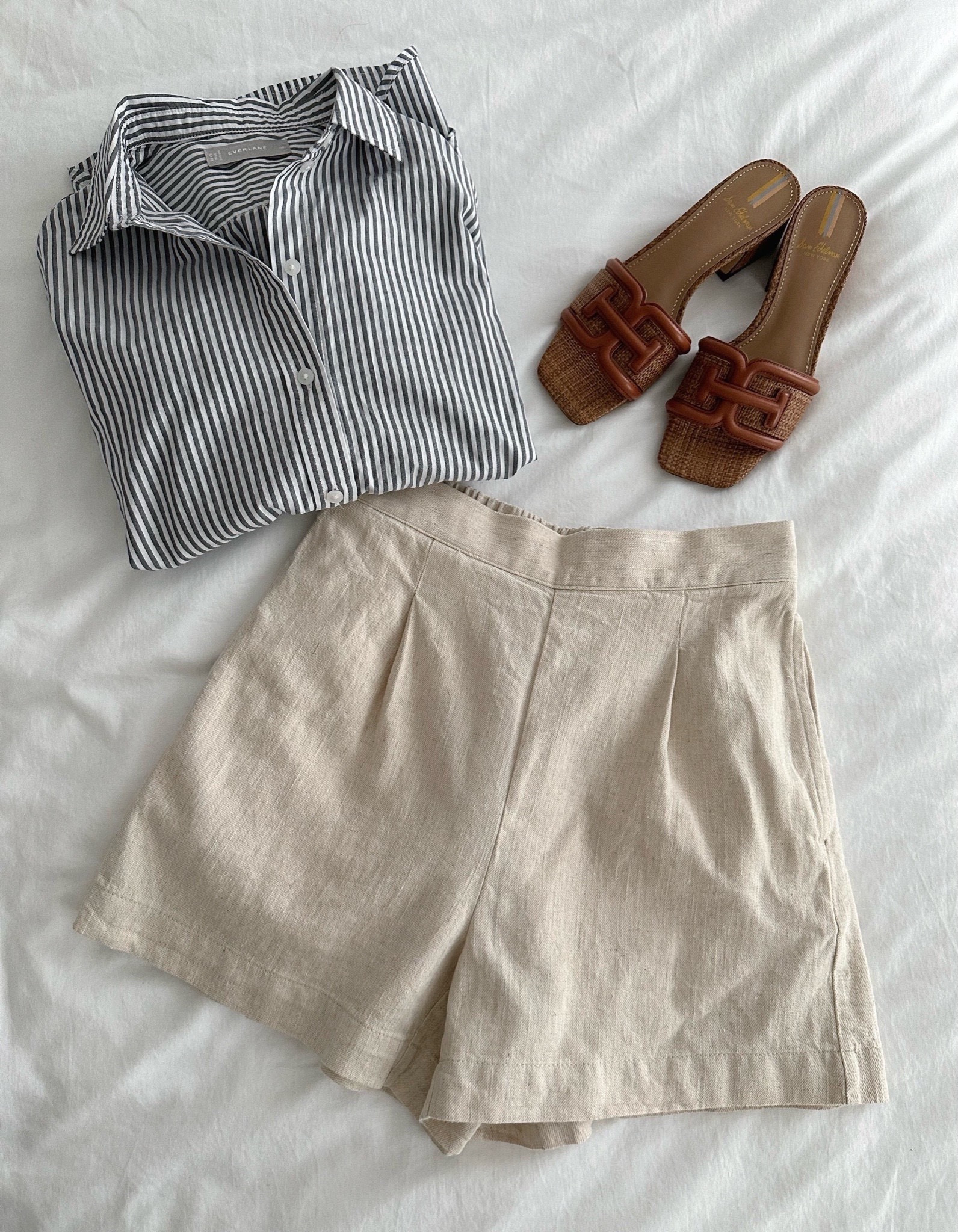 Loving pull on shorts with a tailored front. Madewell shorts pictured, but I Linked a newer well stocked pair from Gap which should drape really well since I own the long pants version and they’re nice and wrinkle resistant! Just note that gap sizing runs a little big

 •Everlane striped button up shirt 00 - I love the fit of these, but also linked a very similar option from old navy 

 •Sam Edelman sandals sz 5

#LTKfindsunder100 #LTKtravel #LTKSeasonal
