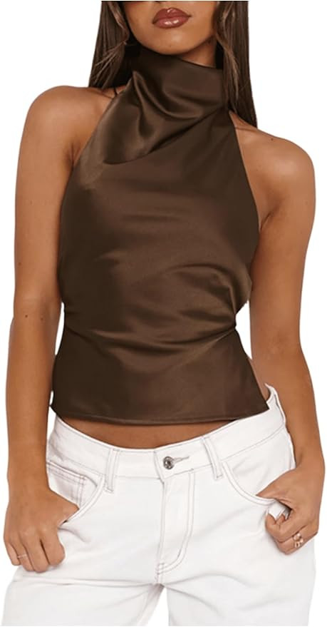 SOLY HUX Women's Satin Halter Backless Crop Top Sexy Sleeveless Tank Shirts Festival Party Clubwe... | Amazon (US)