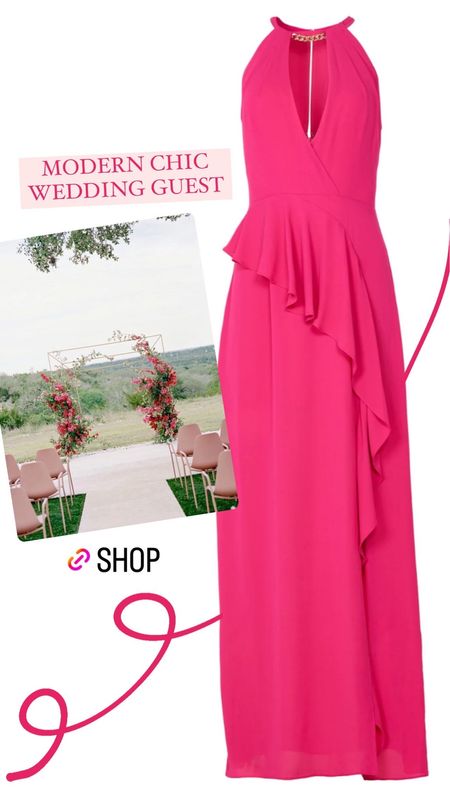Full length maxi dress gown for a modern & luxe wedding. Gold chain detail, side slit, ruffles, hot pink, fuchsia, on sale. 

#LTKwedding #LTKsalealert #LTKSeasonal