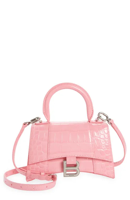 Balenciaga Extra Small Hourglass Croc Embossed Leather Top Handle Bag in Sweet Pink at Nordstrom | Nordstrom