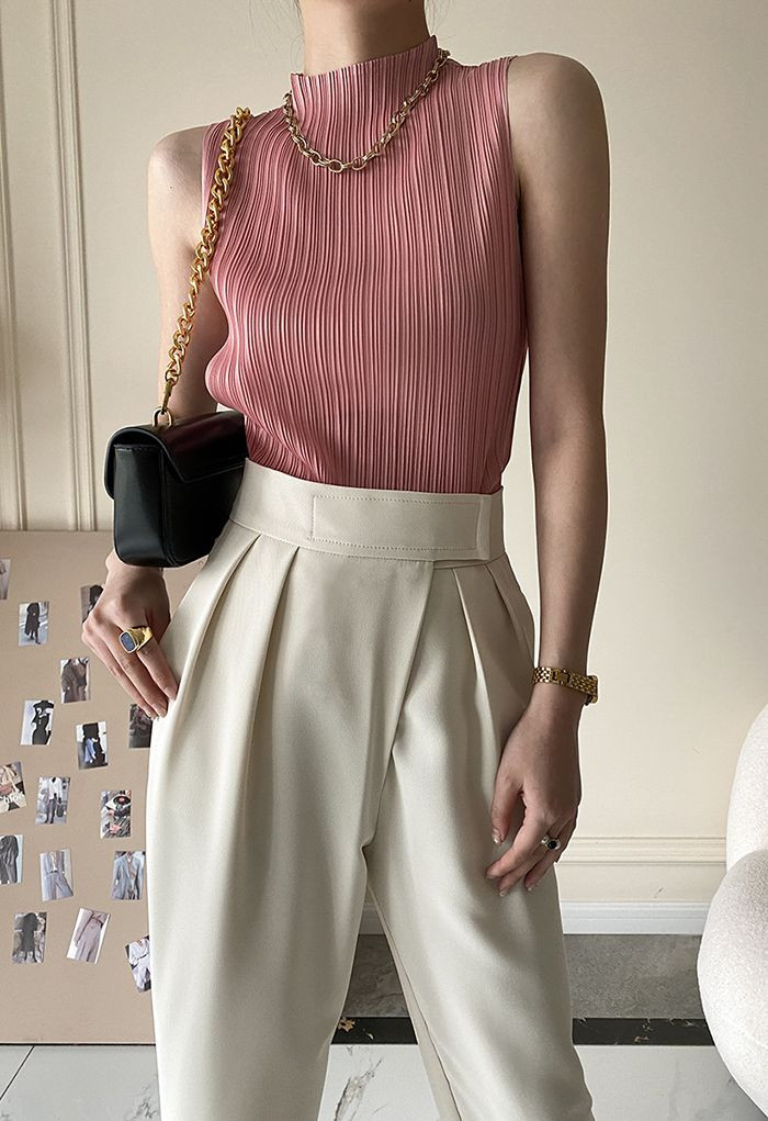 Plisse Mock Neck Sleeveless Top in Coral | Chicwish