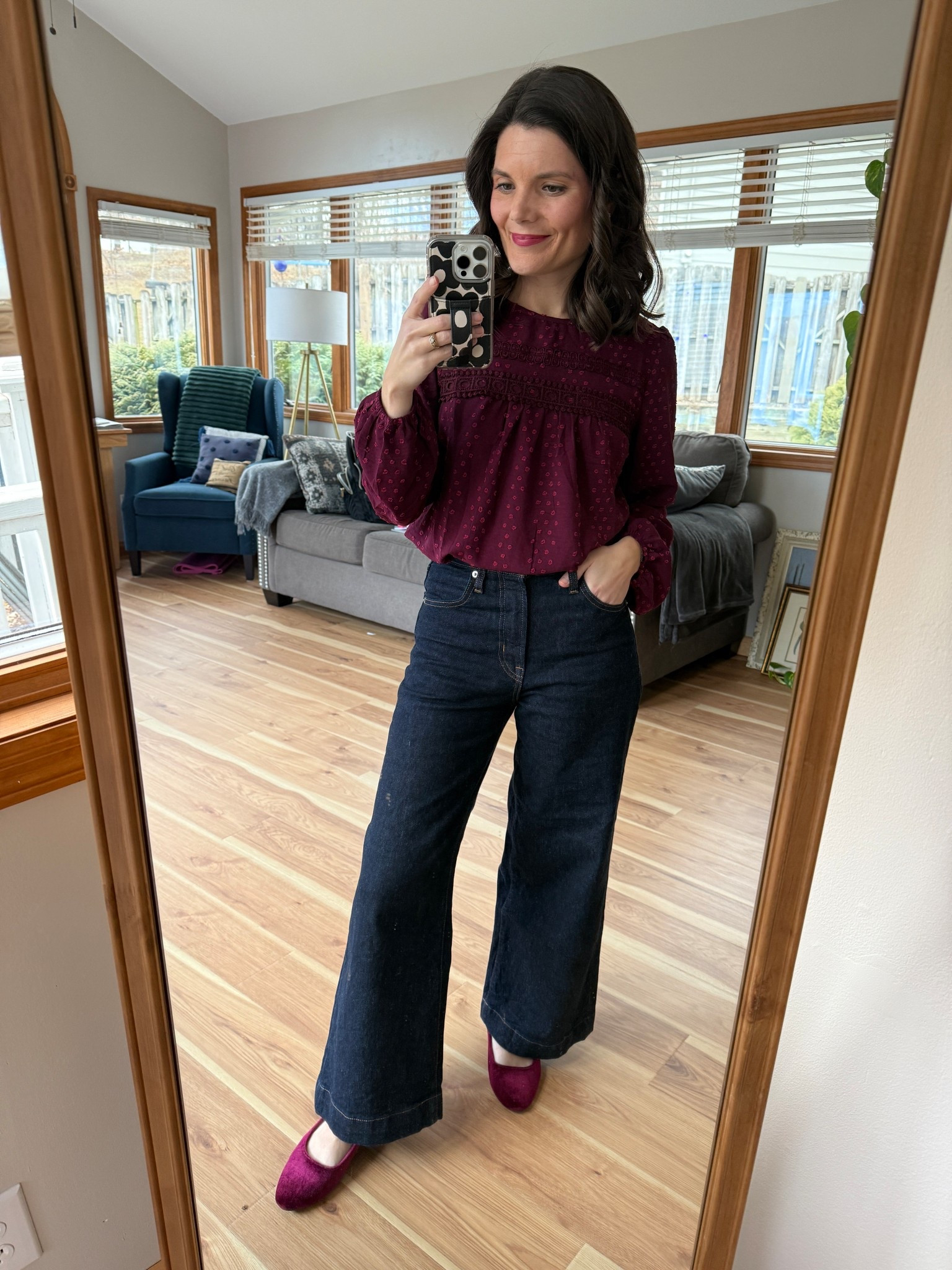 Top is color Mulberry & velvet Mary Jane’s are in Wine. Everything fits TTS.

#LTKootd #LTKHoliday #LTKPetite