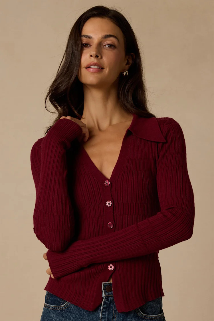 Ashley Wine Red Ribbed Collared Sweater Knit Top | Lulus