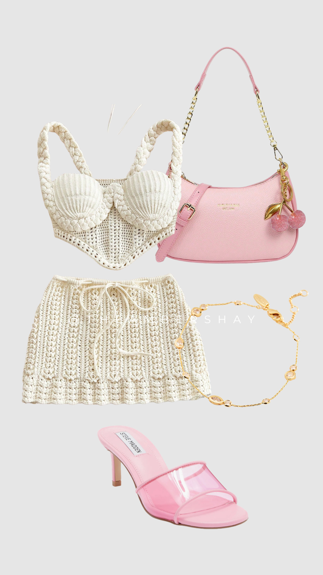 Serving soft girl aesthetic meets feminine summer outfit vibes 💕 This SHEIN crochet two piece set is the perfect textured matching set for vacation outfits, brunch looks, or a girls day out. Paired with pink Steve Madden heels and a chic shoulder bag for that luxury inspired look on a budget. The gold jewelry and cherry bag charm add that playful coquette aesthetic touch. This is your sign to wear pastel outfits, crochet sets, and elevated summer essentials all season long.

#SHEINfinds #SteveMadden #SummerOutfitIdeas #SoftGirlStyle #FeminineFashion #MatchingSet #VacationOutfit #LTKStyle #BrunchOutfit #CoquetteAesthetic #LuxuryInspired #TrendingNow #AffordableFashion #PinkAesthetic 

 #LTKgrwm #LTKootd #LTKSaleAlert