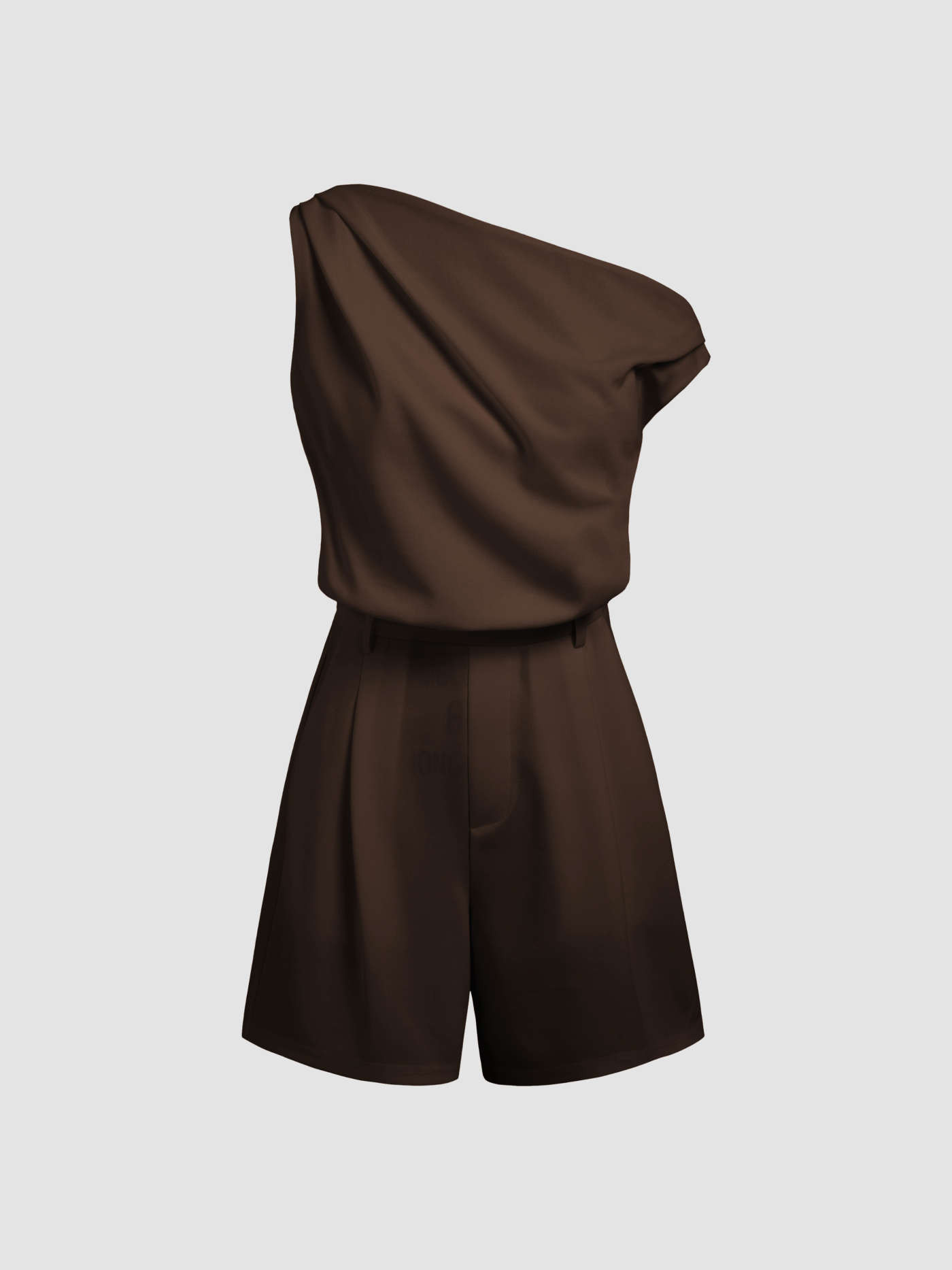 Asymmetrical Neck Solid Pleated Romper | Cider