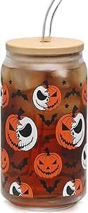 Halloween Pumpkin Iced Coffee Can Glass Gifts Halloween Drinking Glass Cup with Lid and Straw, 16... | Amazon (US)