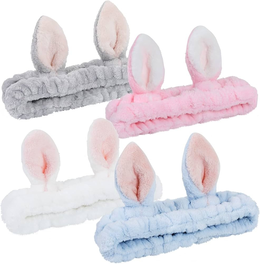4 Pack Elastic Makeup Headbands for Women, Girls' Soft Flannel Bunny Ears Headbands Head Wraps, S... | Amazon (US)