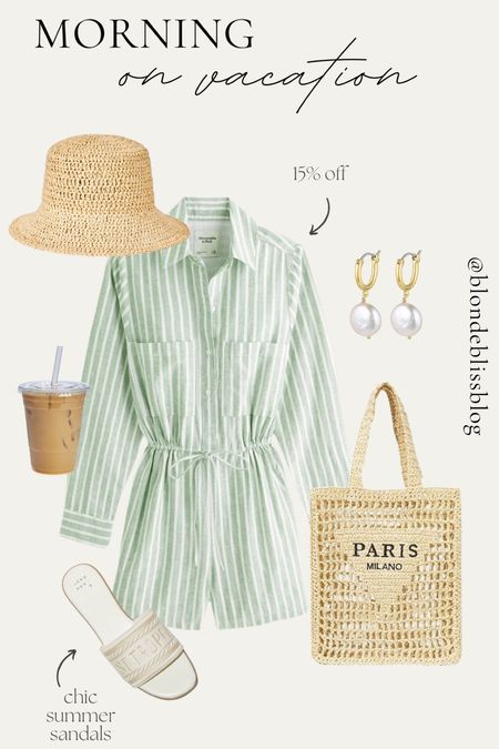 Spring beach vacation outfit 🌴 Cutest stripe romper paired with a straw bucket hat, straw beach tote and sandals for the perfect morning look to wear on vacay! 



#LTKSeasonal #LTKfindsunder50 #LTKSpringSale